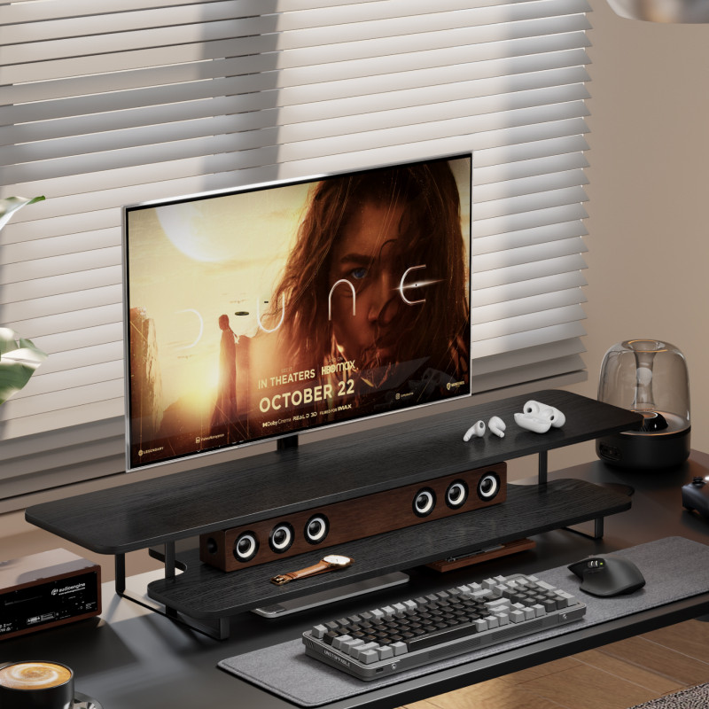 Desk Setup Laptop And Monitor - Support d'écran en noyer massif, organiseur