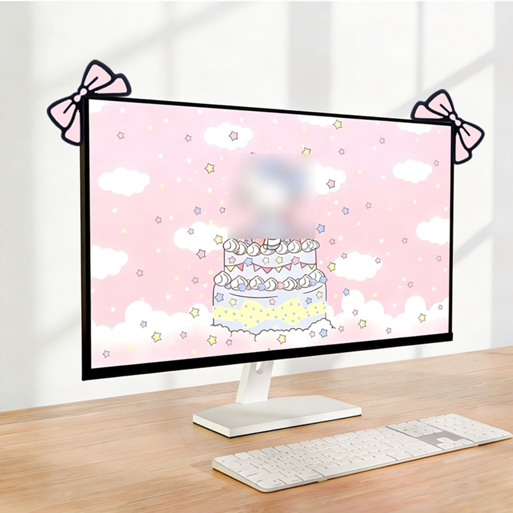 Desk Setup Laptop And Monitor - Décoration d'écran rose mignonne avec nœud,