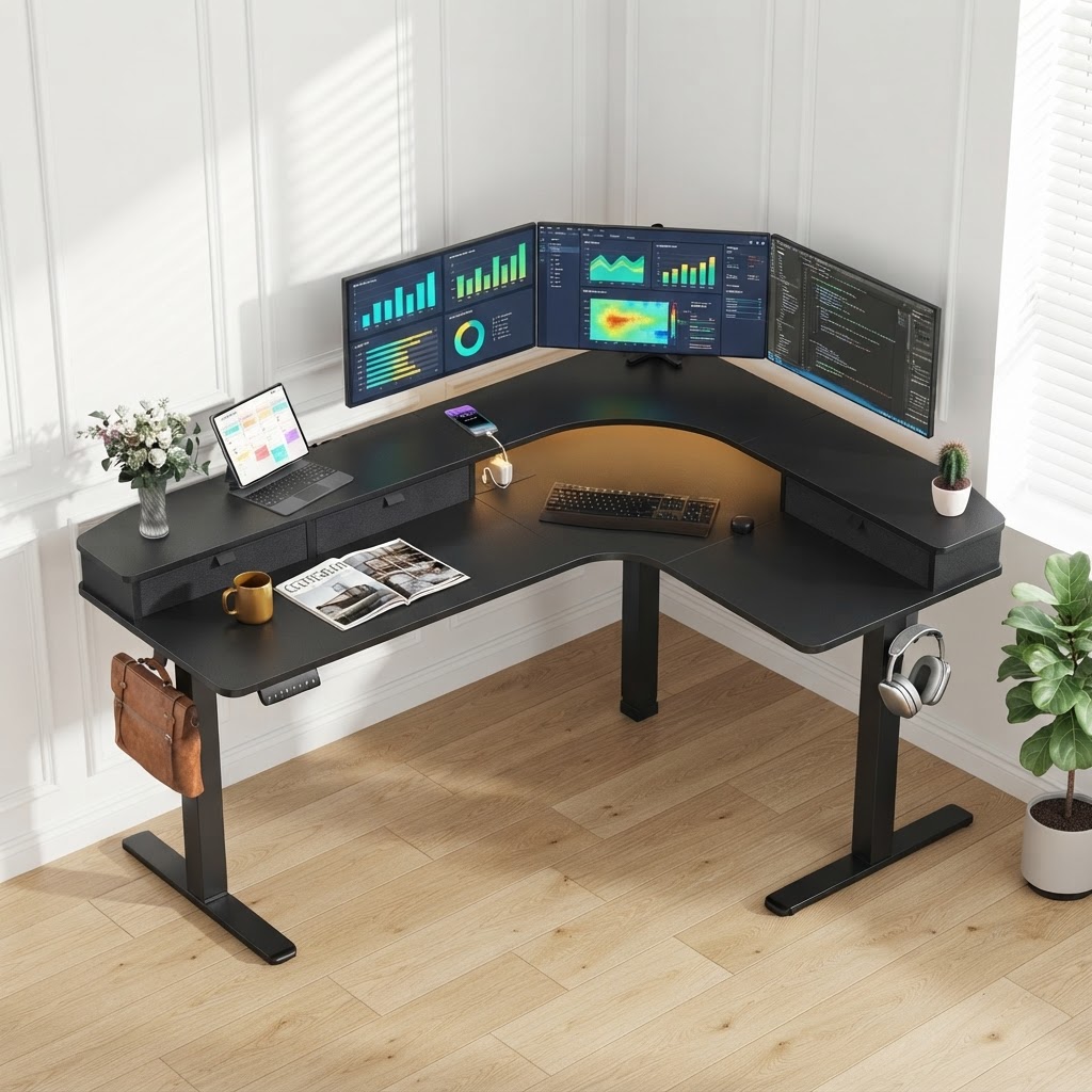 Dual Monitor Desk Setup - Bureau électrique en forme de L