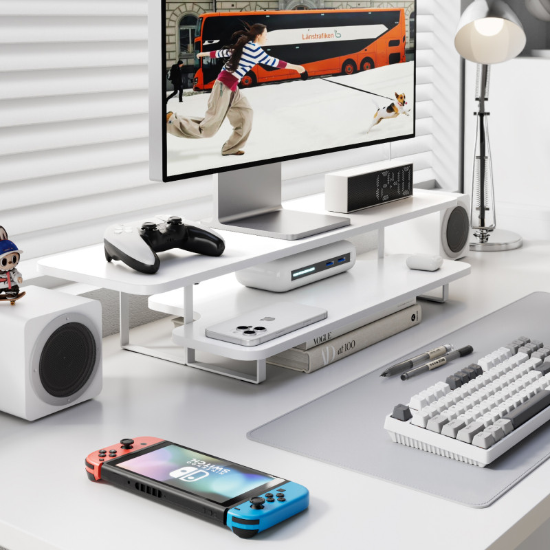 Support d'écran en noyer massi - Desk Setup Laptop And Monitor avis et prix