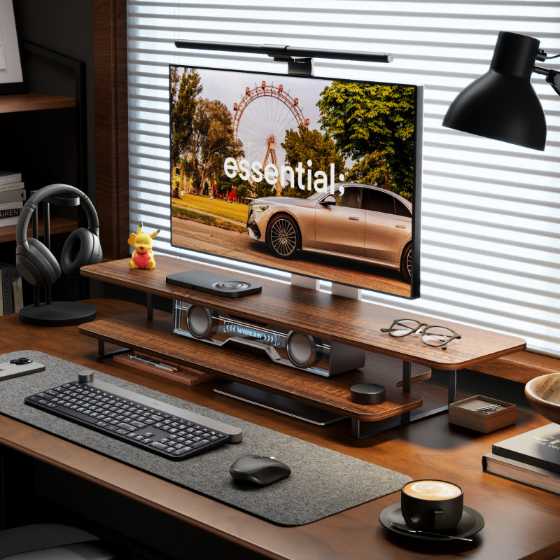 Support d'écran en noyer massi - Desk Setup Laptop And Monitor avis et prix