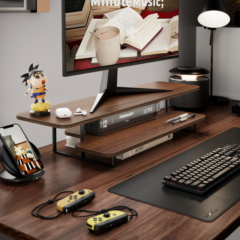 Support d'écran en noyer massi - Desk Setup Laptop And Monitor avis et prix