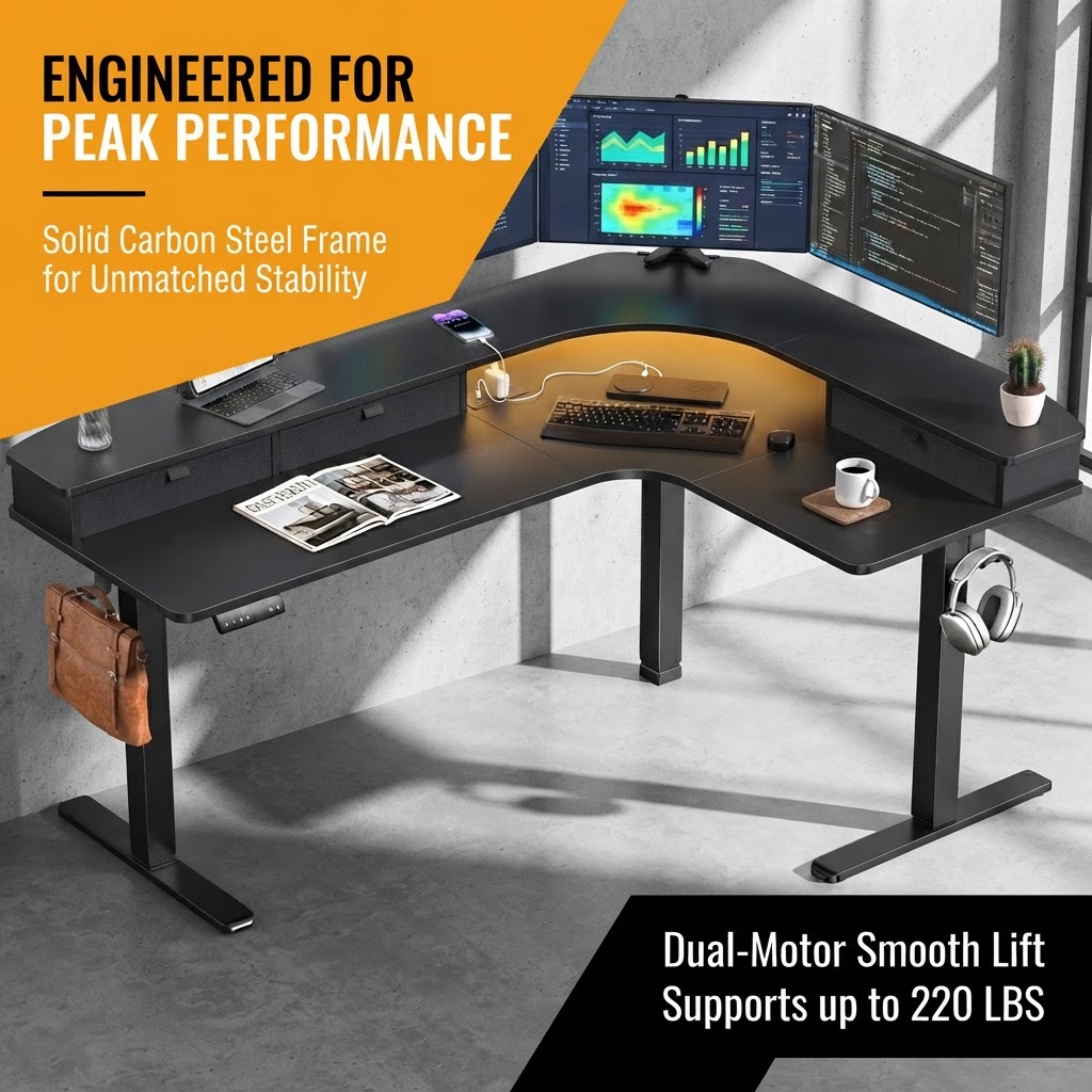 Bureau électrique en forme de  - Dual Monitor Desk Setup avis et prix
